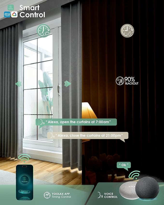 Yoolax Smart Retractable Curtain Compatible with Alexa and Google Home, Motorized Curtain Hardwired with Remote Customized Size (Shiny Silver Grey)