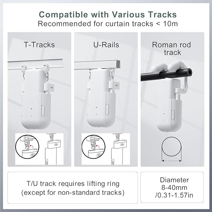 Automatic Curtain Opener Electric: Smart Remote Control Closer｜Long-Lasting Battery/Type-C｜No Drill for 8-40mm Roman Rods/T-Tracks & U-Rails｜Quiet Motor Robot for Bedroom/living room