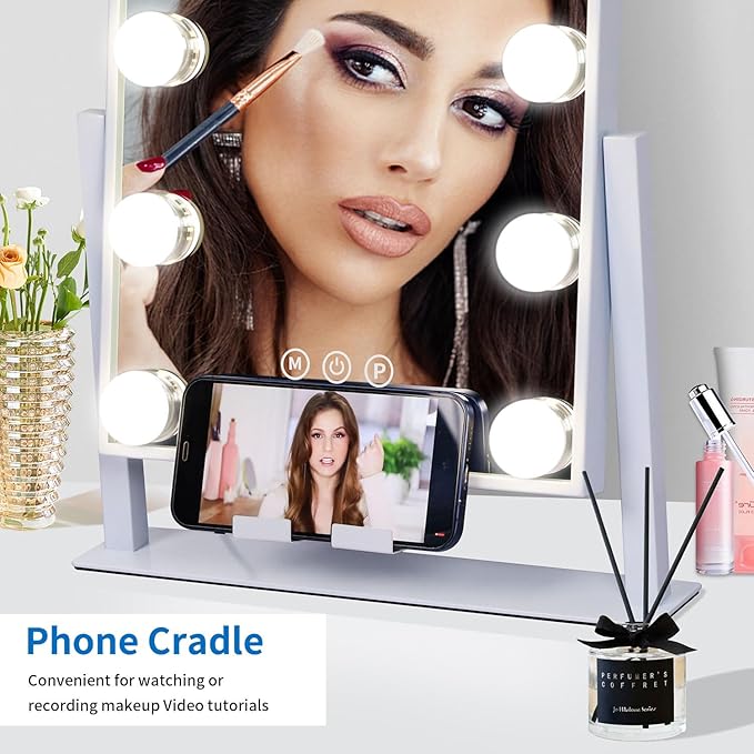 Kottova Makeup Mirror with Lights, 14" x 12" Vanity Mirror, Lighted Makeup Mirror with 3 Color Dimmable Lighting & Touch Sensor, Detachable 10X Spot Mirror, White