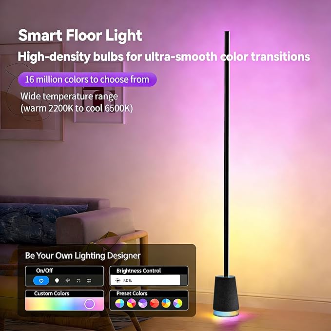 65in Smart Floor Lamp Plus with 36wBluetooth Speaker RGB+ICWW 16 Million Colors LED & Music Sync Alexa & Google Voice Control Corner Light for Living Room Bedroom 1600 Lumens Standing lamp