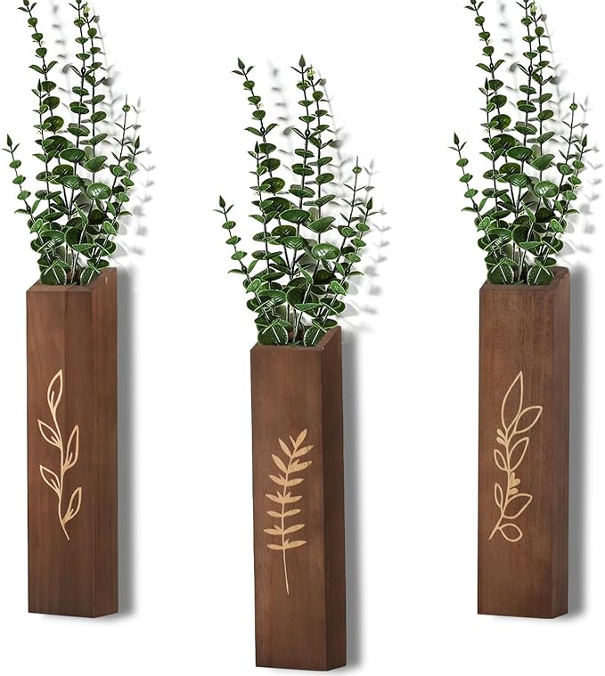 Wooden Wall Planter Set of 3 - Modern Home Decor for Living Room, Bedroom, Bathroom - Dark Brown Finish Planter for Dried Flowers, Faux Greenery, Indoor Plants