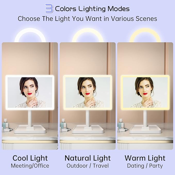 FUNTOUCH Large Makeup Vanity Mirror with Lights, Rechargeable Lighted Desk Makeup Mirror with 96 LED Lights and 10x Magnifying Mirror, 3 Color Lighting, Light up Make up Mirror with Phone Holder