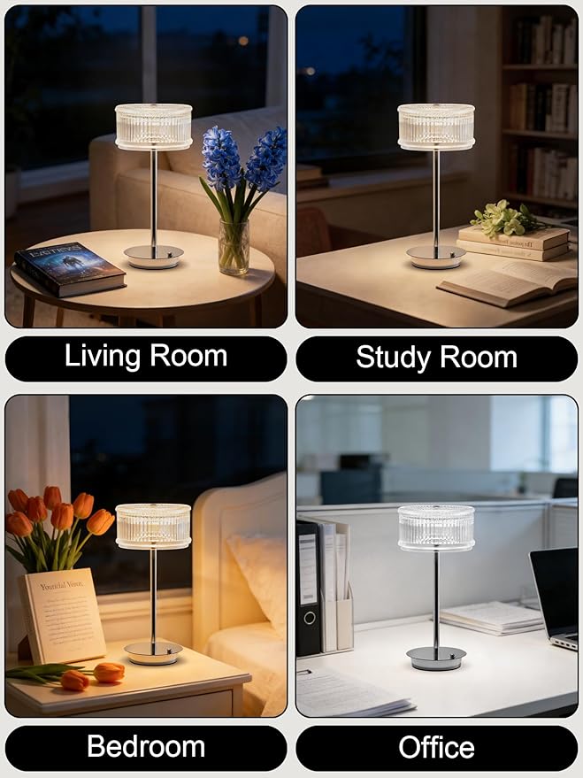 Cordless Table Lamp,LED Desk Lamp Rechargeable Bedside Lamps,3 Colors Dimmable Night Light Portable Touch Lamp,Acrylic Crystal Reading Light for Bedroom Living Room Kitchen Ambient Lighting Home Decor