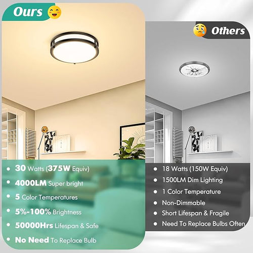 10 Inch LED Flush Mount Ceiling Light Fixture, 30W 4000LM Dimmable 2700K/3000K/4000K/5000K/6500K Color Changing Ceiling Light, Black Modern Ceiling Lamp for Living Room Bedroom Kitchen Hallway, 1-Pack