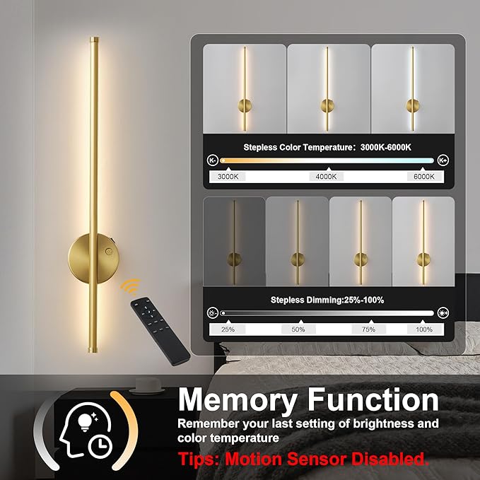 Motion Sensor Battery Operated Wall Sconce Set of Two - Modern Rechargeable Wireless Wall Lights with Remote Control, Dimmable, 3000K/4000K/6000K, Timer for Living Room, Hallway,23.6 Inch, Brass
