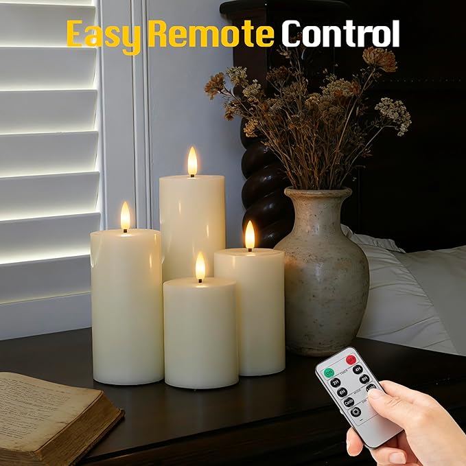 Flameless Pillar Candles with Remote Set of 4, Real Wax LED Battery Operated Candles, Safe Home Décor for Living Room, Bedroom, and Dining Table, Ivory