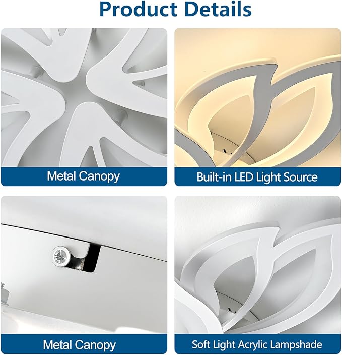 HuixuTe Modern White Flower Ceiling Light Fixture, 30 Inch Dimmable Flush Mount with 12 Leaves, Low Profile for Living Room, Dining Room, Bedroom