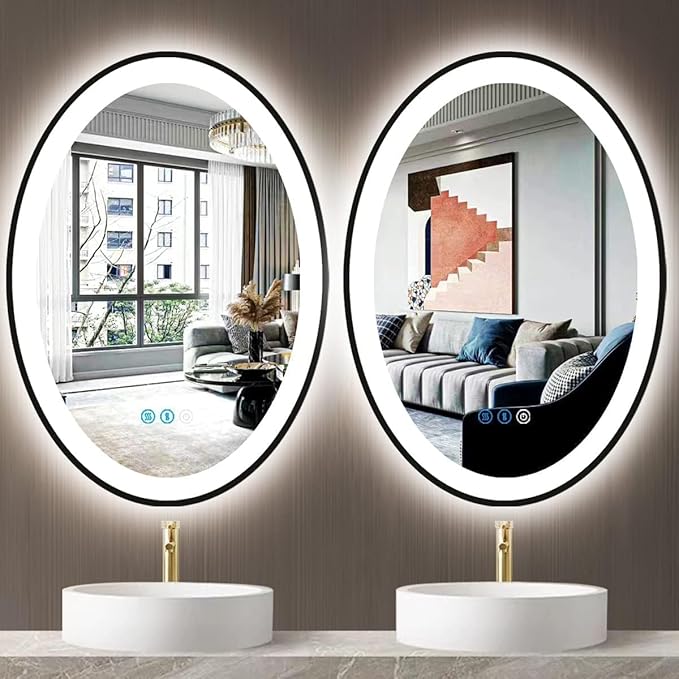 THEKLA 24 x 32 inch Black Framed Oval LED Mirror for Bathroom Wall Oval Lighted Vanity Mirror with Lights Black Frame Smart Memory 3 Color Dimmable Front Lit Anti-Fog 32" Black Ovals Light up Mirrors