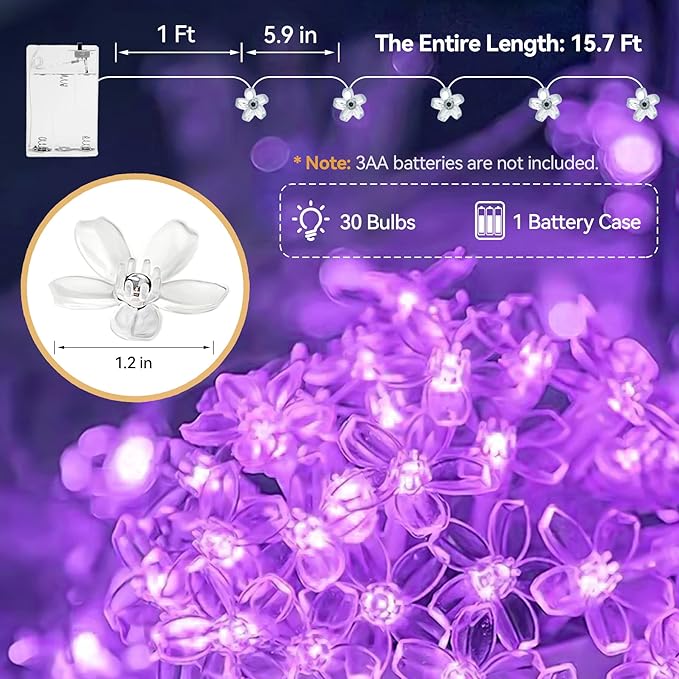 ITICdecor Flower String Lights 15FT 30LED Fairy Lights Battery Operated Indoor&Outdoor Twinkle Lighting Bedroom Decor for Party Wedding Xmas Tree(Purple)