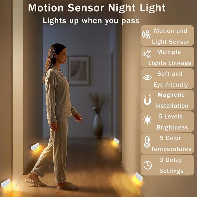 ROOKIELEDS Smart Sync Motion Sensor Night Light, Rechargeable Stair Lights with Multi-Light Linkage, Portable Nightlight for Stairs, Hallways, Garages, Bedrooms(3)