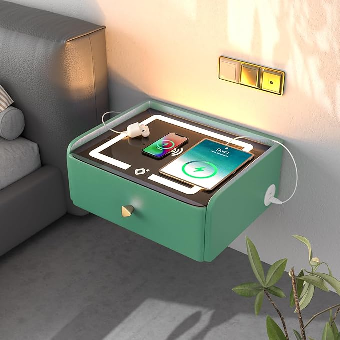HOMEMORE Floating Nightstand with Charging Station Bedside Table LED Smart Bedside Table Wall Mounted Nightstand Green
