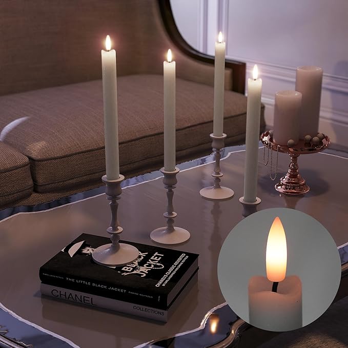Patiphan Rechargeable Flameless Taper Candles with Charging Station, 6 Pcs Real Wax LED Taper Candles Flickering with Remote&Timer, 3D Flame Candlesticks for Home Wedding Christmas Decor (White)