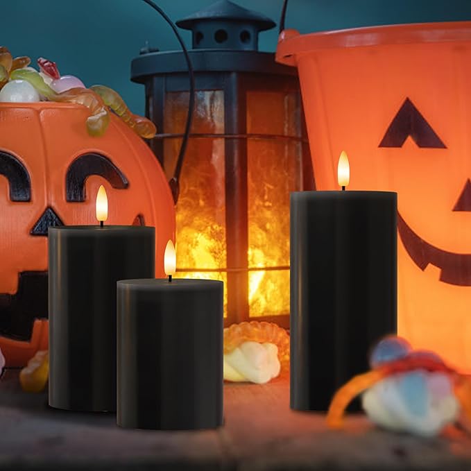 Black Flameless Candles, Halloween Candles with Remote, Battery Operated Gothic LED Candles, Real Wax Flickering Flameless Pillar Candles for Home, Party, Halloween, 3 Pack