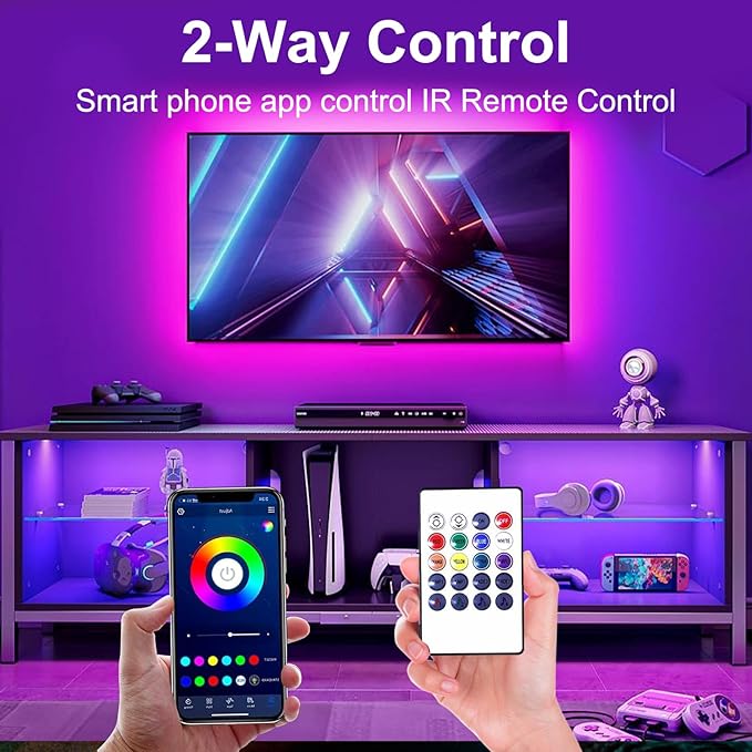 VOLIVO LED Lights for TV, 15FT Led Backlight for 45-65 inch TVs, Bluetooth RGB LED Lights Behind Television with Remote, USB Powered, Color Changing, Music Sync, for Gaming Room,Desk,Under Table