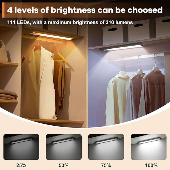 111 LEDs Dimmable Under Cabinet Lighting Wireless, 2800mAh Battery Operated, 3 Color Closet Lights Motion Sensor Light Indoor Rechargeable, 4 Mode Magnetic Under Counter Lights for Kitchen, 2 Pack