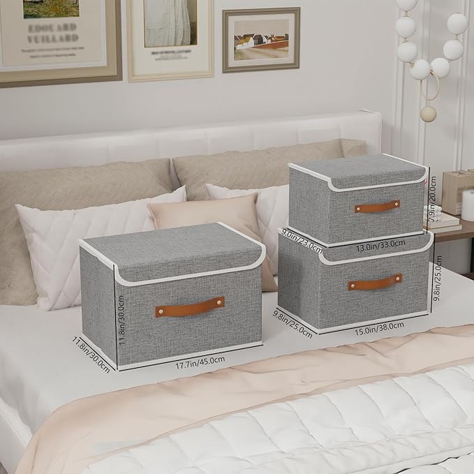 Yawinhe Collapsible Storage Bin, Cube Organizer Basket, Fabric Box with Lids, Washable and Leather Handle, for Home, Closet, Grey, 15.0''Lx9.8''Wx9.8''H, 3-Pack, USNK024GL-3