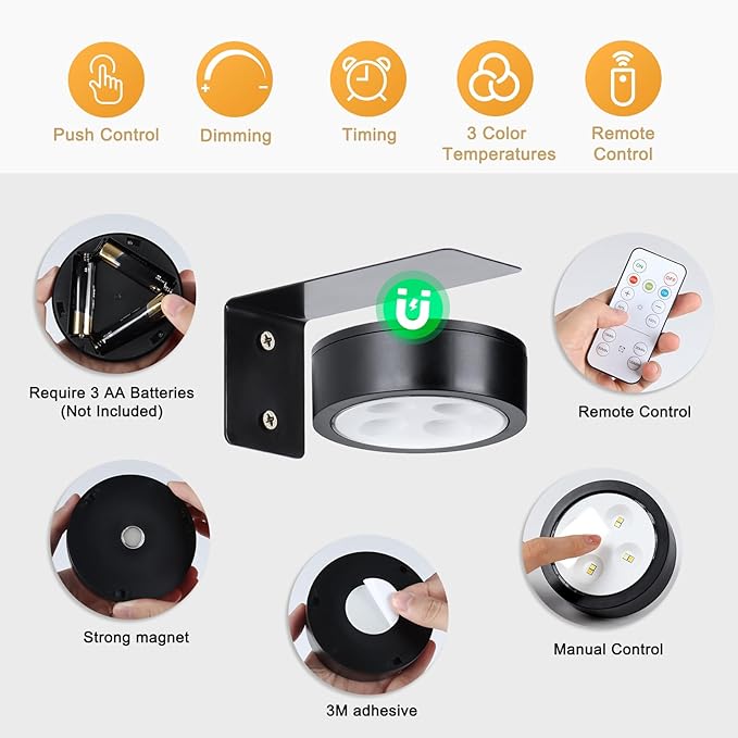 4-Pack Picture Light Battery Operated with Remote, Led Lights Dimmable and Timer Painting Light, Art Display Light for Picture Frame Artworking Portrait, Home Wall Decor Puck Lights, Black