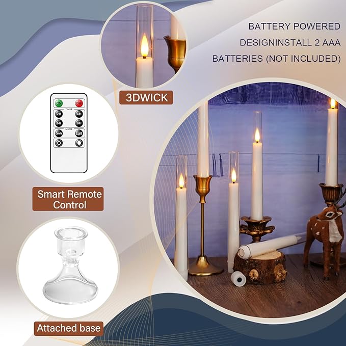 Flameless Taper Candles with Remote and Timer - 6 Pack LED Candles, Battery Operated, for Home, Wedding, Party (White)