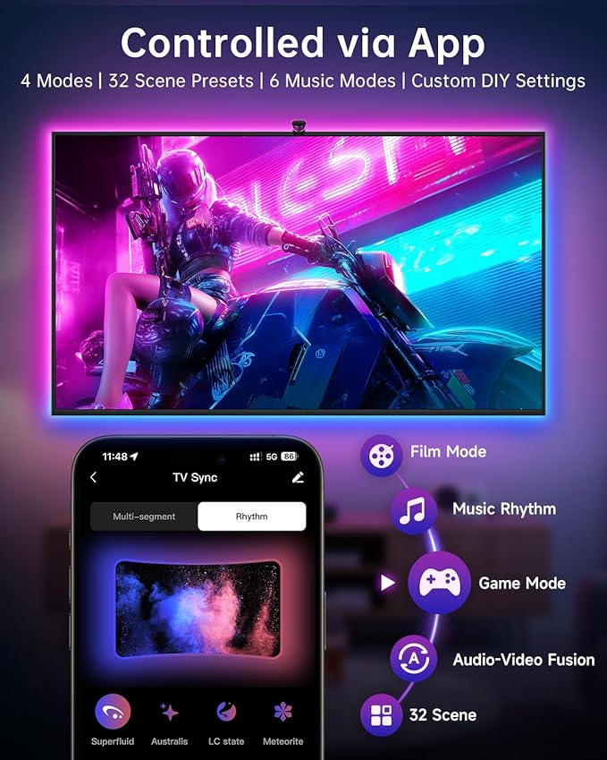 AOC TV LED Backlight, TV Lights That Change with TVs for 55-65 inch Screen, RGB Strip Lighting with Sensor, Syncs Behind The Monitor, Smart App Control, Movie Game Music & DIY Mode, 14.8FT