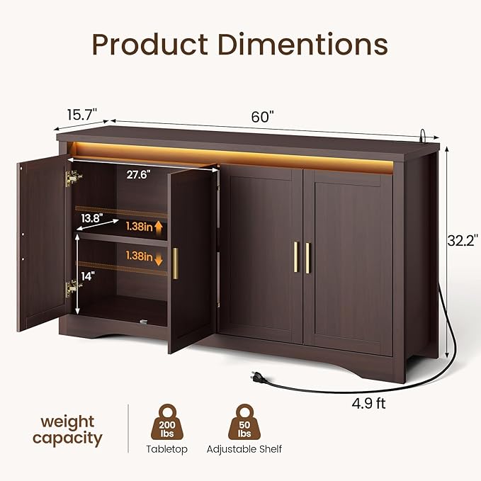 60'' Sideboard Buffet Cabinet with Storage, Modern Coffee Bar Cabinet with Power Outlets, LED Light, 4 Doors & Adjustable Shelves, Buffet Table for Kitchen, Dining Room, Living Room, Walnut