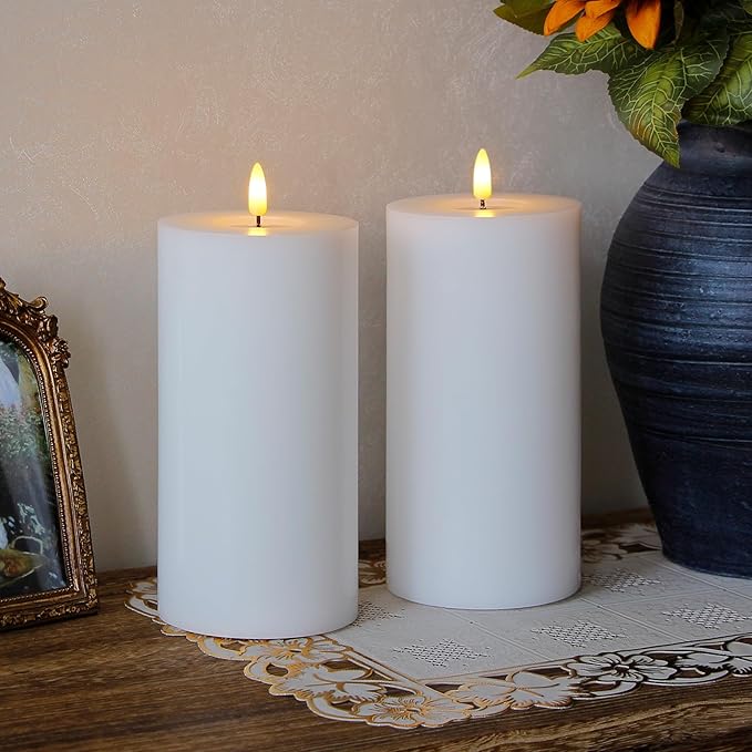 Flameless Flickering 4" x8" Real Wax White Remote Candles with Candle Grease, Pack of 2 Timer LED Battery Operated Fake Warm Light Pillar Candles for Home, Banquet, Ceremony Decoration