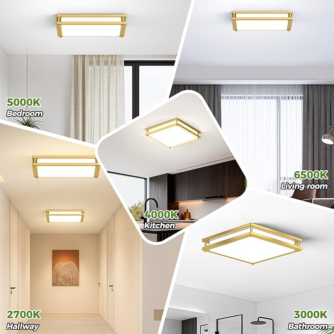 13 Inch Gold Square LED Ceiling Lights for Bedroom Kitchen Bathroom, 36W Super Bright 3200LM Modern Flush Mount Light Fixture, 2700K-6500K Selectable Dimmable Close to Ceiling Double Ring Lamp, 1-Pack