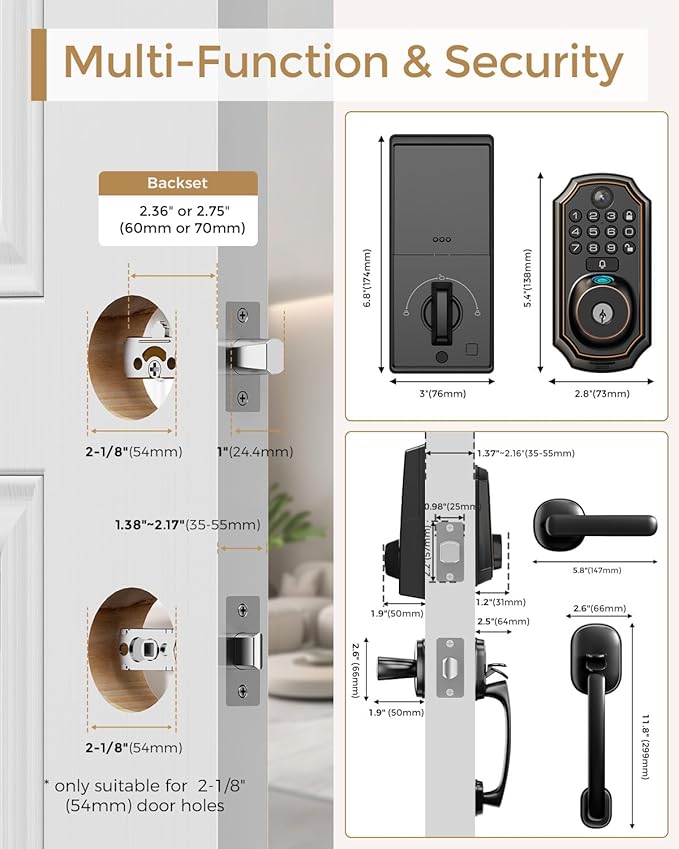 Keyless Entry Deadbolt with Handle Set - WiFi Smart Lock with Camera, 5-in-1 Camera+Doorbell+Fingerprint+Keypad, App Control, Auto Lock, Easy Install, Waterproof for Front Door（Black）