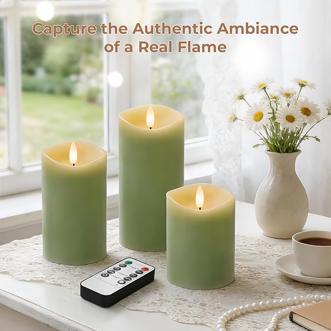 Green Flameless Candles with Remote and Timer, Real Wax Made LED Pillar Candles Battery Operated with 3D Flickering Flame Melted Edge, 3" x 4",5",6", Set of 3 (Pastel Green)