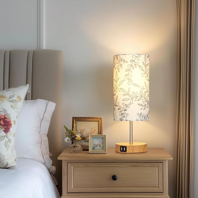 Bedside Touch Lamps for Nightstand with 2 USB Charging Ports, 3 Way Dimmable Wood Bedroom Lamp with Flower Fabric Shade, Small Table Lamp for Living Room Reading Desk (LED Bulb Included)