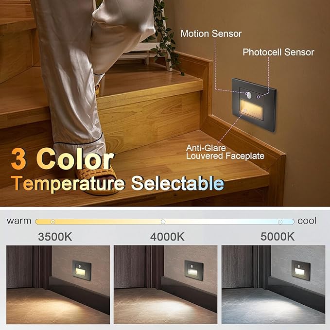 8-Pack Horizontal LED Step Lights, Motion Sensor & Dusk to Dawn, IP65 Waterproof, 3000K-5000K Adjustable, Anti-Glare Louvered, 3W 120V Stair Lights Indoor Outdoor, Bronze, ETL Certified