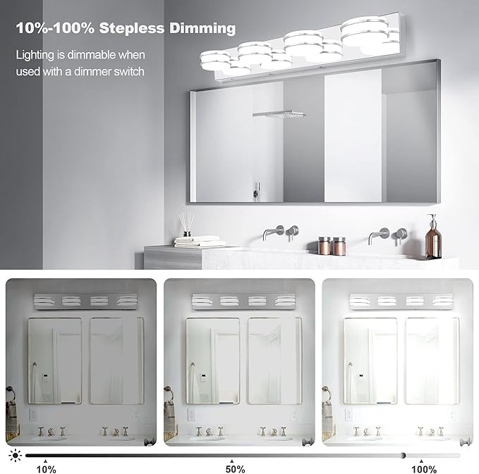 3 Color Temperature Dimmable Vanity Lights for Bathroom, LED Chrome 4 Light Vanity Lighting Fixtures, Acrylic Stainless Steel Oval Shade Bathroom Light Fixtures Over Mirror, ETL Certificated