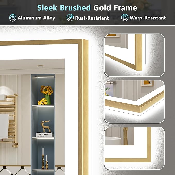 96x36 Gold LED Bathroom Mirror with Lights, Brushed Gold Framed Backlit and Front Lit Anti-Fog Lighted Vanity Mirrors for Bathroom Wall, Dimmable, 3 Colors, Memory, HD Tempered Glass, CRI＞90