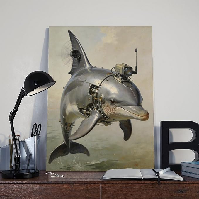 Framed Steampunk Mechanical Dolphin Wall Art - Marine Retro-Futuristic Poster for Beach House Living Room Decor 08x12inch(20x30cm)