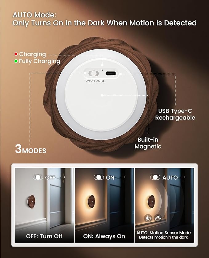Motion Sensor Night Light Wooden Carved Flower USB Rechargeable Stick-On Step Lights Magnetic Mini Wall Lights for Hallway Bedroom Living Room Stair (Black Walnut)