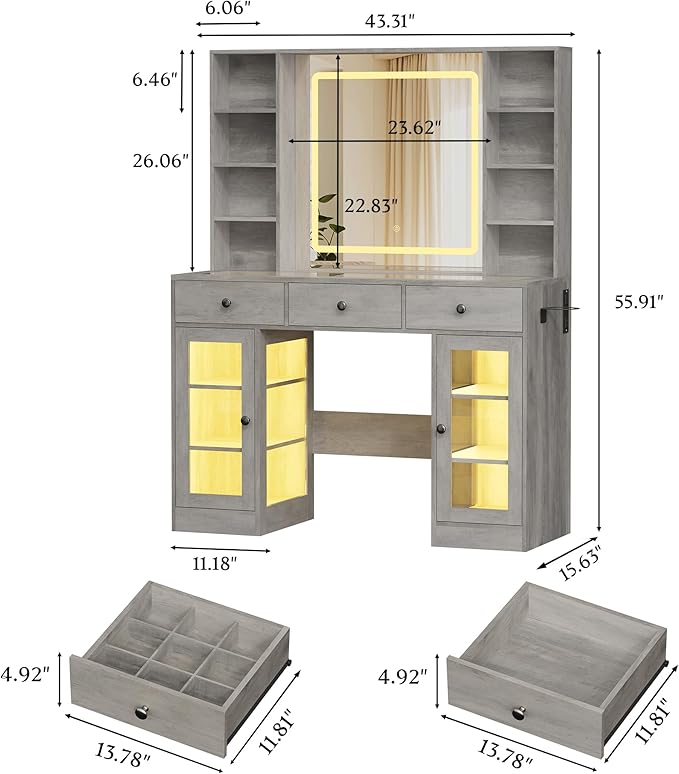 Makeup Vanity Desk with Mirror and Lights, 43" Grey Vanity with Glass Top, Jewelry Storage, 3 Drawers & Glass Cabinets, Power Outlet & Adjustable LED Lights, Dressing Table for Women & Girls Bedroom