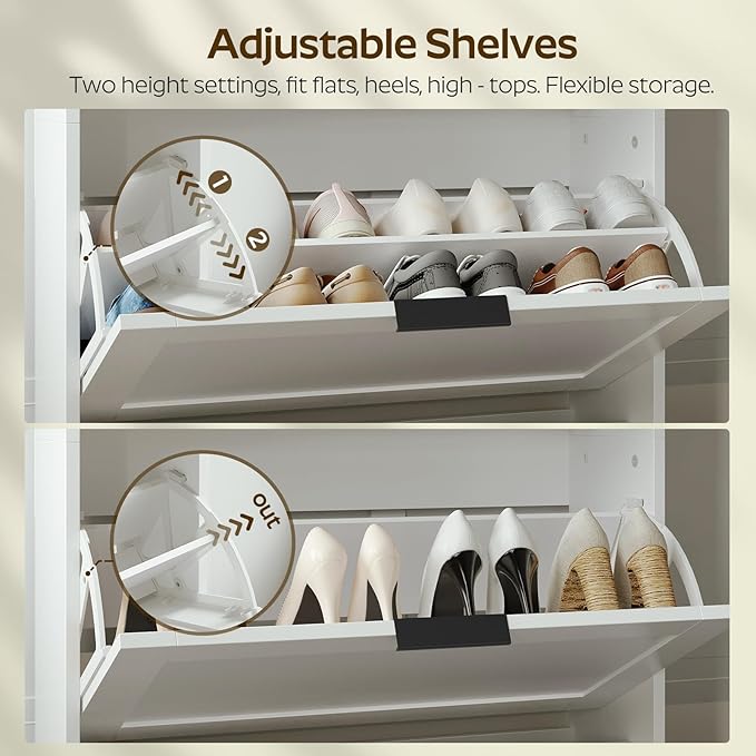 Tall Shoe Cabinet with Flip Drawers and Coat Rack, Floor Standing Modern Shoe Storage Organizer, 2-in-1 Hall Tree with Movable Hooks and Open Shelves, for Entryway, White and Walnut SC01WHY1