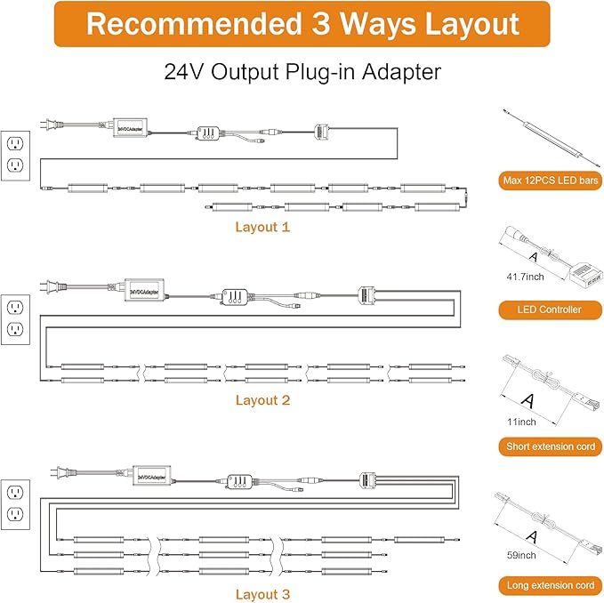 Under Cabinet Lights Kit, LED Smart Dimmable Strip Lighting Fixtures, 24V Plug in Linkable Bar LED Counter Lights for Pantry, Kitchen, Shelf, Bookcases, Showcase (10 PCS, Warm White)