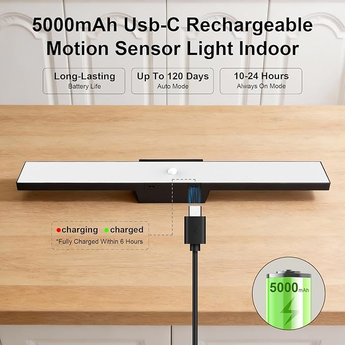 Under Cabinet Lighting with Remote & Timer, Closet Lights Motion Sensored Rechargeable 5000mAh Battery 300LM Kitchen Lighting, Under Counter Motion Lights for Kitchen 72 Magnetic Led Light Bar(Black)