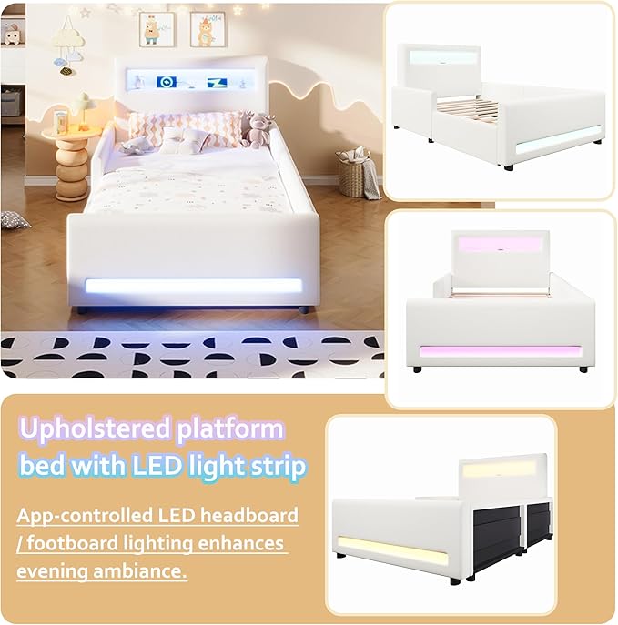MERITLINE Twin Size Upholstered Platform Bed with Drawer, App-Controlled RGB LED Light Strip & USB Port, PU Fabric Storage Bed (White) | LED light, Storage Drawer