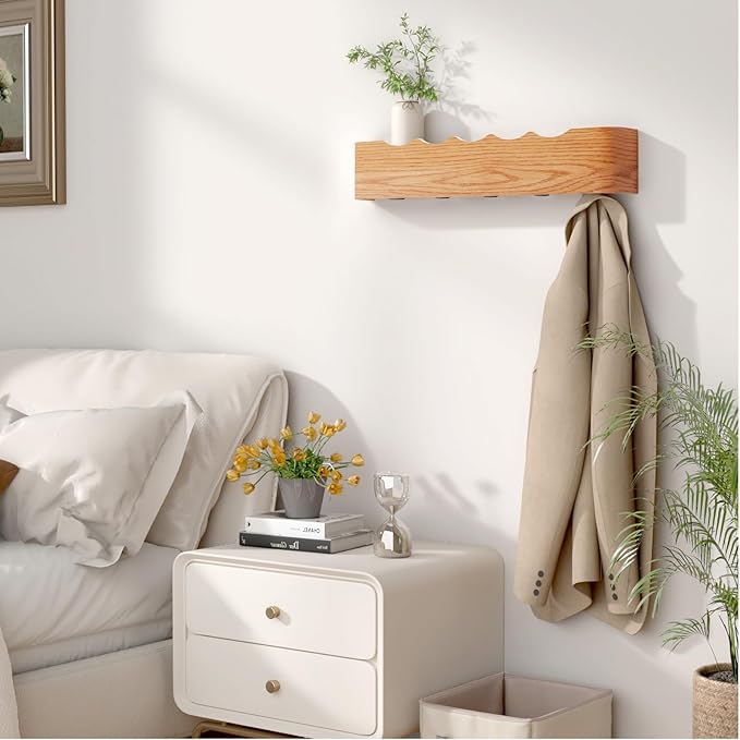 Coat Rack Wall Mount Entryway Organizer Modern Key Holder Wall Mount with Wooden Shelf Entryway Hooks for Bedroom Kitchen Hallway Bathroom for Hanging Coats Hats Dog Leashes Bags Towels