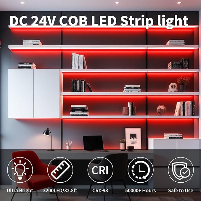 32.8FT/10M Red COB LED Strip Lights, Cuttable LED Tape Lights 3200 LEDs High Bright CRI 93+ Flexible Light Kit for Bedroom, TV Backlight, Mirror, Gaming Room Decor(No Plug)