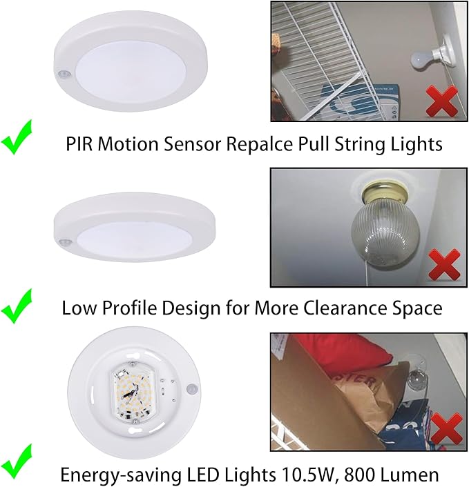 YoonLIT Flush Mount PIR Motion Sensor LED Ceiling Light, 6.2 Inch 10.5W 800 Lumen, Motion Activated Ceiling Fixture for Closet, Garage, Doorway, Stairway, Hallway, White Finish 3000K 1-Pack