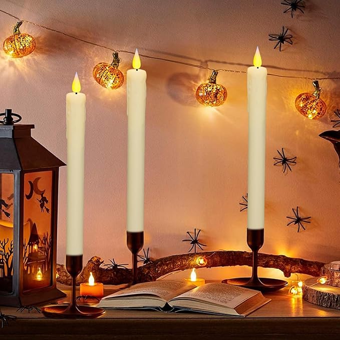 KSWING Upgraded Real Wax LED Flameless Taper Candles with Remote, 2 PCS Ivory Dripping Candlesticks Battery Operated 3D Flickering - 9.6" Long Realistic Fake Candle Sticks for Home/Wedding/Xmas Decor