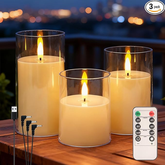 3-Pack Rechargeable Flameless Candles with Remote & Timer, Flickering LED Candles for Living Room, Fireplace, TV Stand & Bedroom Night Light, Holiday Party Decor, Housewarming Gift (Yellow)