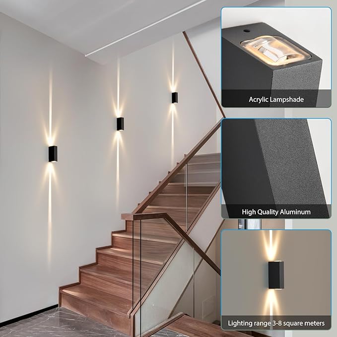 Outdoor Wall Light 2Pack, LED Up and Down Lights, IP65 Aluminum Waterproof Outdoor Wall Lamps, Modern Porch Lantern Spotlights, 3000k 6W Black Exterior Wall Sconces