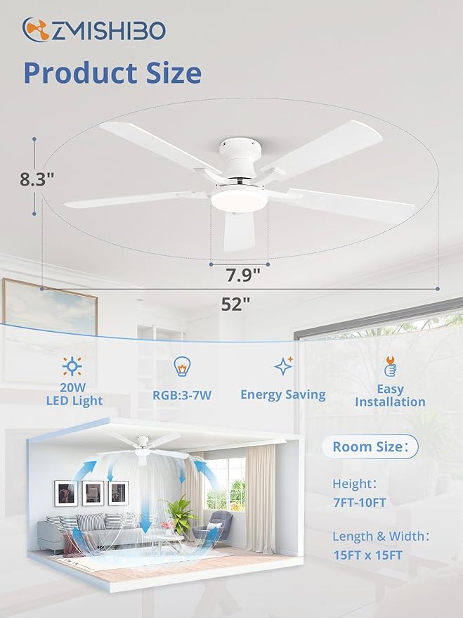 ZMISHIBO 52 Inch Ceiling Fan with RGB Lights, Low Profile Flush Mount with Alexa/App/Remote, Dimmable 20W LED Light, White Modern for Living Room, Bedroom, Game Room