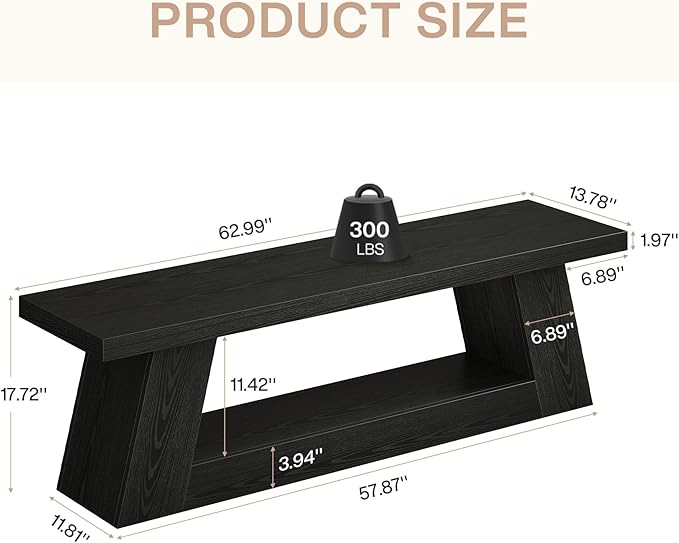 Tribesigns 63" Wooden Entryway Bench with Storage Shelf, Rustic Extra Long Bench, 2-Tier Narrow Hallway Seating Bench for Living Room, Bedroom, Kitchen(Black)