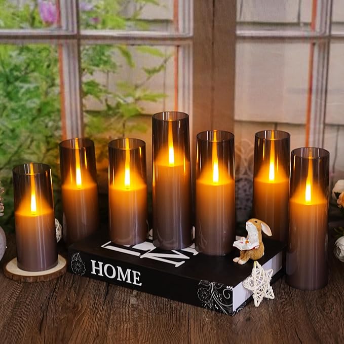 Flameless LED Candles Upgraded Realistic Flickering Flame,7Pcs Battery Operated Candles with Remote Timers,LED Pillar Candles for Home Decor,Christmas,and Parties（Grey）