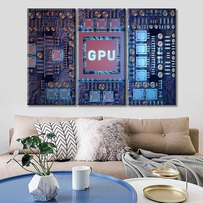 TUMOVO Modern GPU Card with Circuit and Colorful Lights Bathroom Decor Wall Art 3 Piece Motherboard Digital Chip Bedroom Decor Posters and Prints Framed Ready to Hang (36" Wx24 H)
