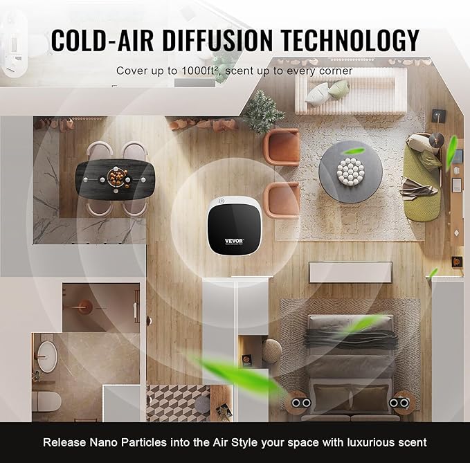 VEVOR Scent Air Machine for Home, 100ML Smart Essential Oil Diffuser with Cold Air Tech, Waterless Scent Air Diffuser with USB & Battery Powered, Cover Up to 1000 Sq.Ft for Living Room, Bath Room, Spa